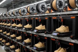 Panoramic view of Koobz’s Ventura 3D‑printing farm with multiple printers running in parallel.