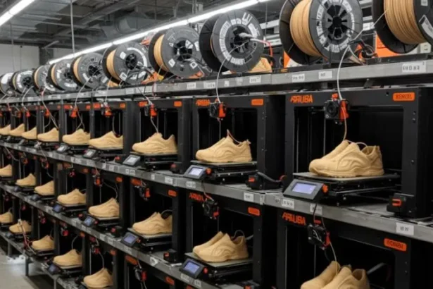 Panoramic view of Koobz’s Ventura 3D‑printing farm with multiple printers running in parallel.