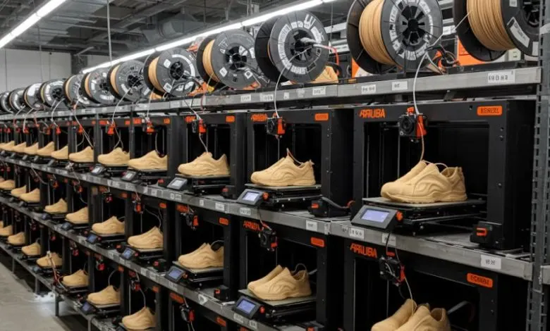 Panoramic view of Koobz’s Ventura 3D‑printing farm with multiple printers running in parallel.