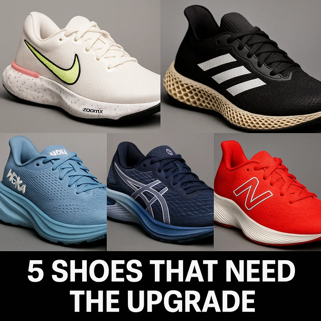 Collage featuring five popular running shoes — Nike Invincible 4, HOKA Bondi 9, ASICS GEL-Nimbus 27, New Balance FuelCell SC Elite v4, and Adidas 4DFWD — with the title ‘Shoes That Need EPU 45.’