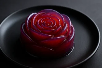 Artistic 3D-printed rose-shaped edible gel on a matte black plate.