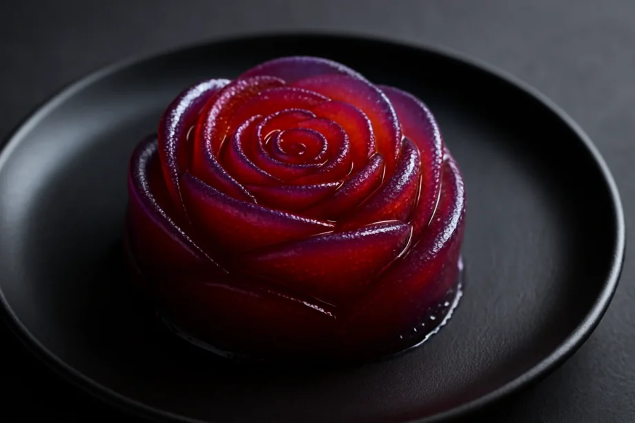 Artistic 3D-printed rose-shaped edible gel on a matte black plate.