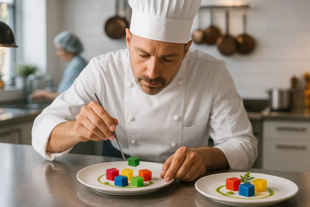 Chef plating customized 3D-printed gels for patients in a modern kitchen.