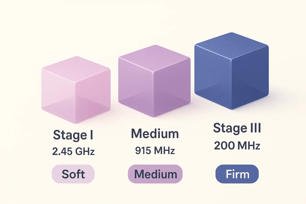 Comparison of gel firmness at 2.45 GHz, 915 MHz, and 200 MHz.