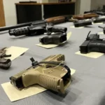 Handguns tagged and displayed after NYPD / ATF ghost‑gun seizure, March 2023