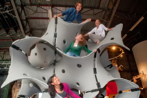 Large outdoor gyroid sculptures at the Exploratorium science museum in San Francisco