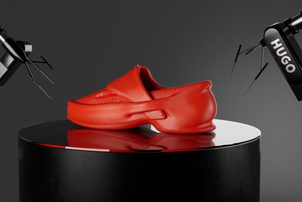 Red 3D‑printed Hugo Forward x Zellerfeld loafer in studio lighting