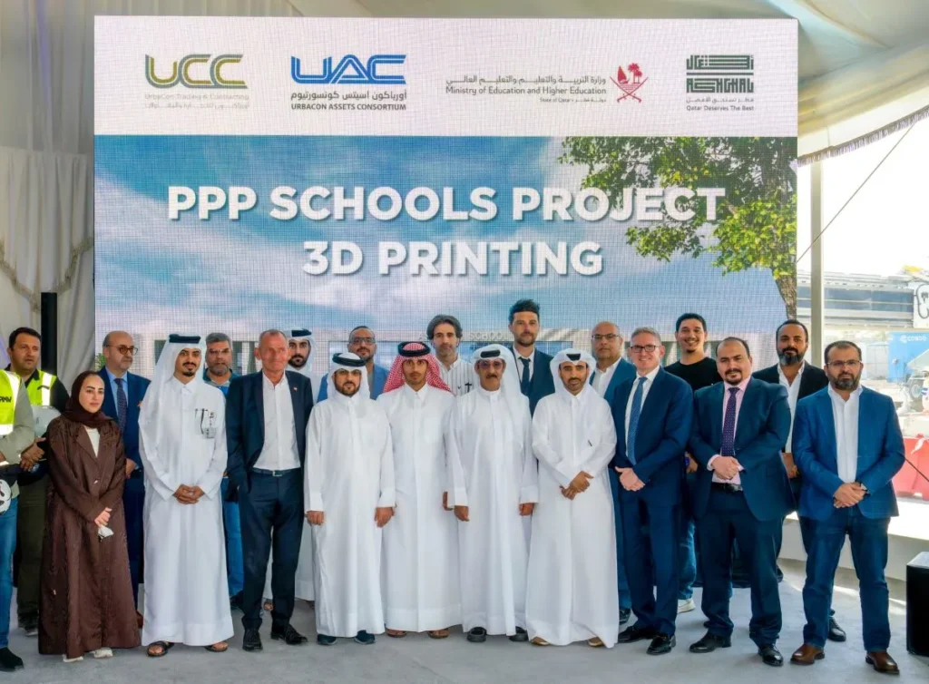 Officials from Ashghal, UCC Holding and partners at the 3D‑printed schools launch ceremony