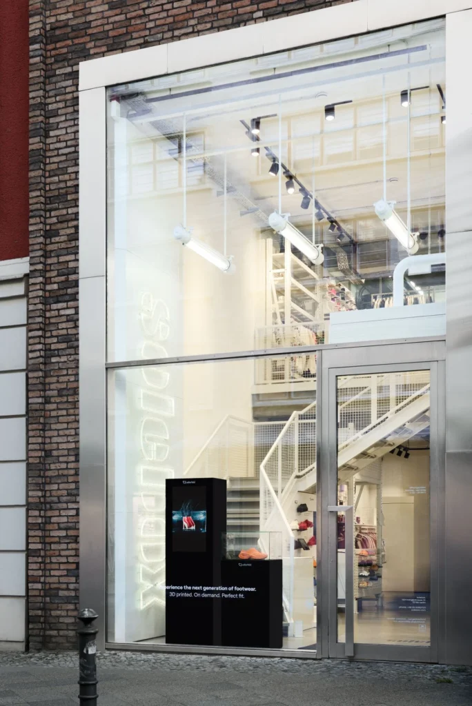 Solebox Berlin storefront showcasing Zellerfeld’s 3D-printed sneaker display visible from the street.