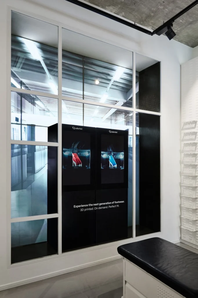 Wall-mounted Zellerfeld display showing 3D-printed shoes in action inside Solebox Berlin.