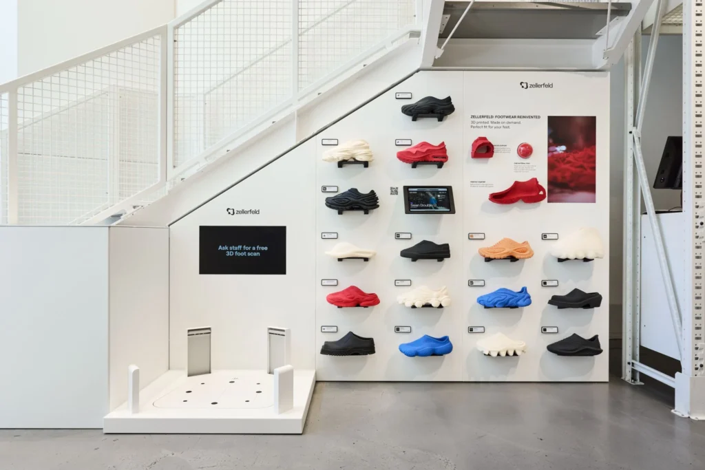 A wall display of 3D-printed shoes with a foot scanning station beneath a staircase at Solebox Berlin.