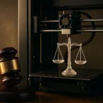 Wooden judge’s gavel beside a 3D printer fabricating metallic scales of justice, symbolizing the intersection of law and additive manufacturing.