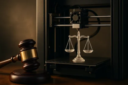 Wooden judge’s gavel beside a 3D printer fabricating metallic scales of justice, symbolizing the intersection of law and additive manufacturing.