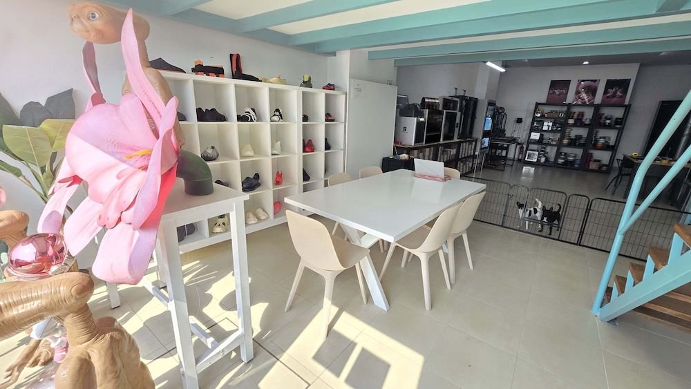 Seating area by window in Footwearology’s lab overlooking Mediterranean