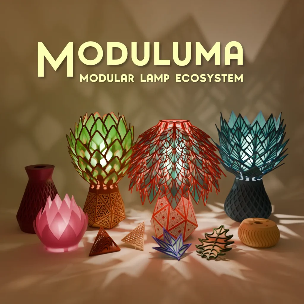 Array of 3D-printed Moduluma lamps glowing in multiple shapes