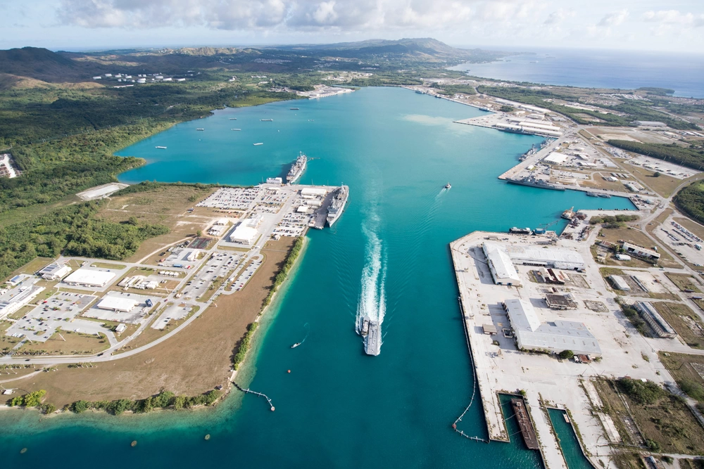 Aerial view of Naval Base Guam and surrounding facilities.