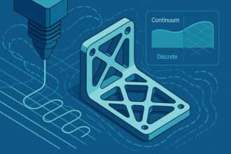 Isometric 3D-printer nozzle laying toolpath to build a lattice bracket; inset compares continuum vs discrete design.