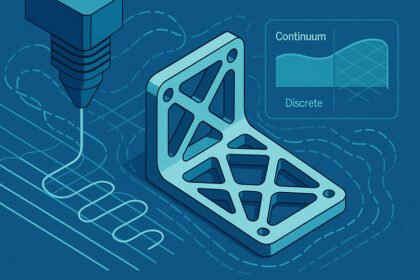 Isometric 3D-printer nozzle laying toolpath to build a lattice bracket; inset compares continuum vs discrete design.