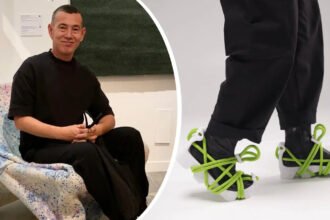 Daniyar Uderbekov seated beside a fabric chair, with close-up of UDRB sneakers showing white 3D-printed soles and bright green rope laces.