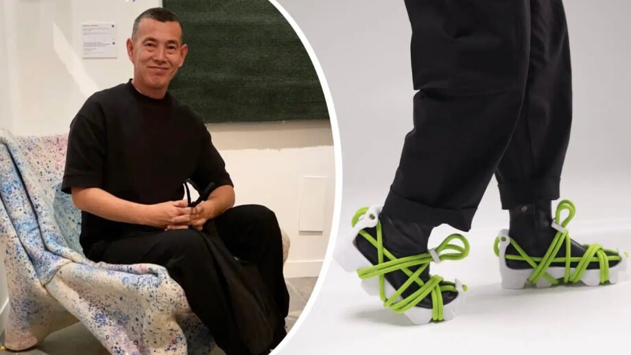 Daniyar Uderbekov seated beside a fabric chair, with close-up of UDRB sneakers showing white 3D-printed soles and bright green rope laces.