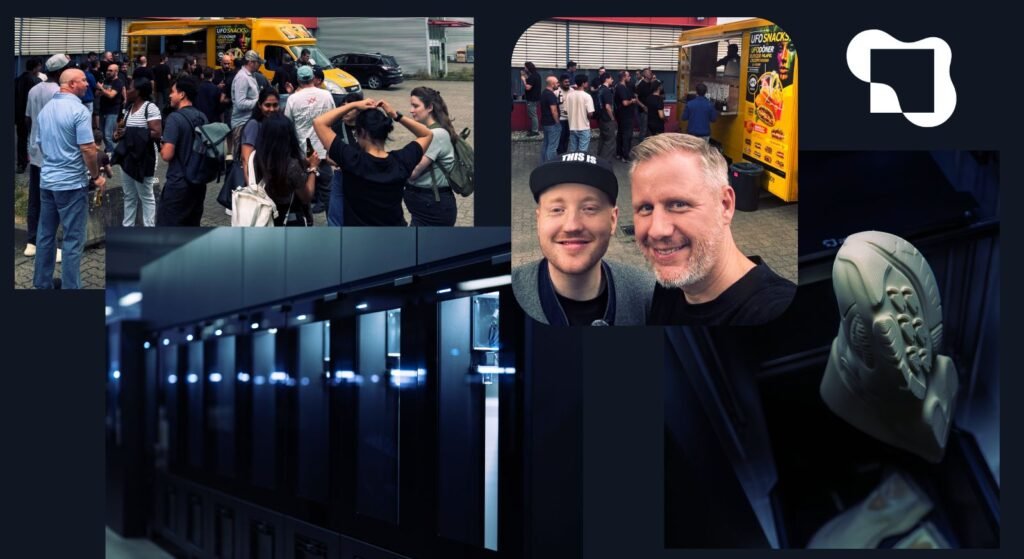 Zellerfeld GEN3 launch collage with attendees, founders selfie, printer row and printed shoe