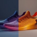 Futuristic 3D-printed shoes made from photochromic materials that change color under sunlight, showcasing smart fashion innovation.