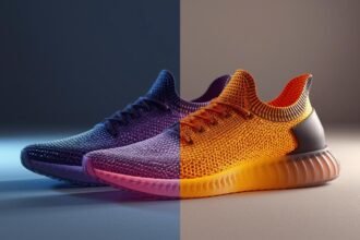 Futuristic 3D-printed shoes made from photochromic materials that change color under sunlight, showcasing smart fashion innovation.