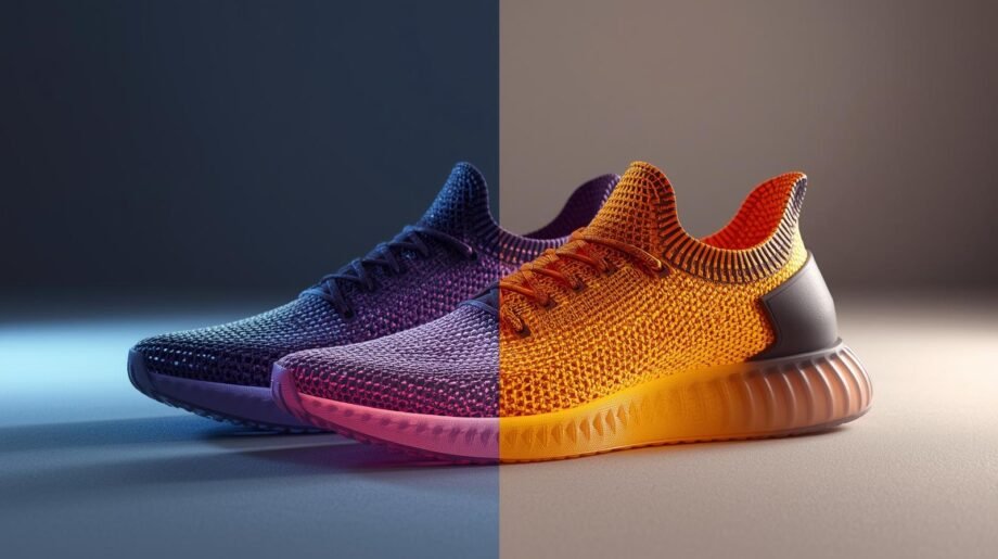 Futuristic 3D-printed shoes made from photochromic materials that change color under sunlight, showcasing smart fashion innovation.