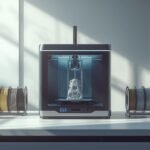 A realistic photo of a prosumer 3D printer creating a detailed part on a modern workbench in a bright studio.