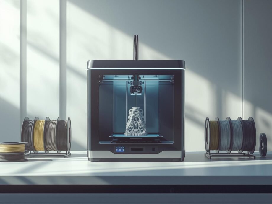 A realistic photo of a prosumer 3D printer creating a detailed part on a modern workbench in a bright studio.
