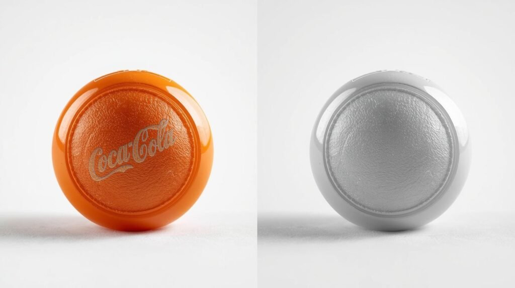 Comparison photo showing an authentic branded product beside a 3D-printed replica, highlighting texture and detail differences.