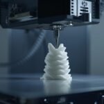 A close-up of a modern 3D printer creating a small figurine, representing digital manufacturing and copyright issues.