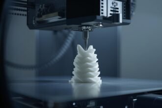 A close-up of a modern 3D printer creating a small figurine, representing digital manufacturing and copyright issues.