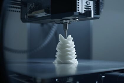 A close-up of a modern 3D printer creating a small figurine, representing digital manufacturing and copyright issues.
