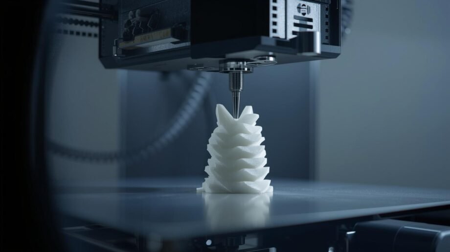 A close-up of a modern 3D printer creating a small figurine, representing digital manufacturing and copyright issues.