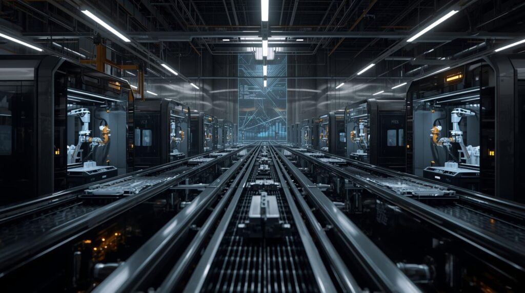 High-tech 3D printers producing industrial components in a modern smart factory environment.