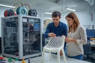Researchers in a university lab examining a 3D-printed chair made from recycled fishing nets using an industrial 3D printer, showcasing sustainable material innovation.