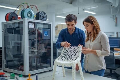 Researchers in a university lab examining a 3D-printed chair made from recycled fishing nets using an industrial 3D printer, showcasing sustainable material innovation.