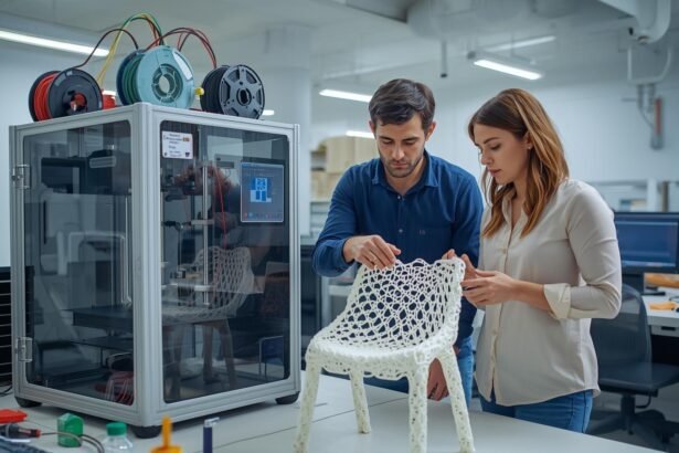 Researchers in a university lab examining a 3D-printed chair made from recycled fishing nets using an industrial 3D printer, showcasing sustainable material innovation.
