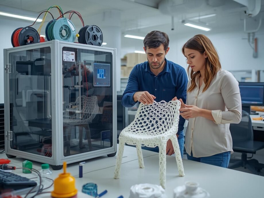 Researchers in a university lab examining a 3D-printed chair made from recycled fishing nets using an industrial 3D printer, showcasing sustainable material innovation.