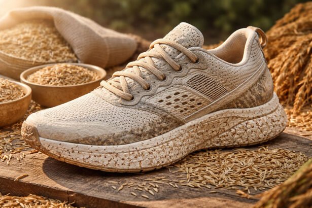 3D-printed concept shoe with rice husk composite midsole demonstrating bio-based insulation principles applied to sustainable footwear.
