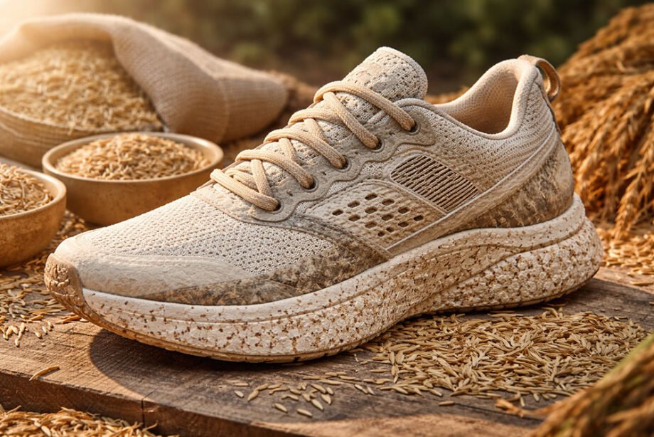 3D-printed concept shoe with rice husk composite midsole demonstrating bio-based insulation principles applied to sustainable footwear.