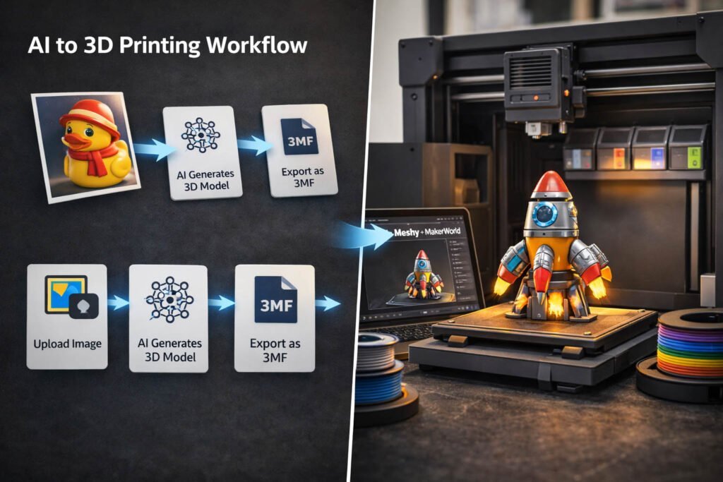AI to 3D printing workflow showing image to 3D model generation and multi-color 3D printing process using modern 3D printer