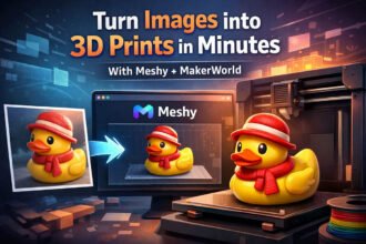 Image to 3D print workflow using Meshy and MakerWorld showing image conversion to 3D model and final printed object
