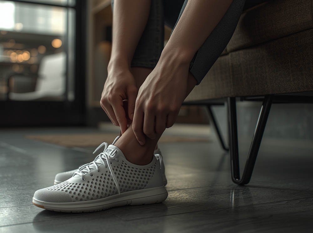 Person resting and removing 3D printed shoes after a full day of walking