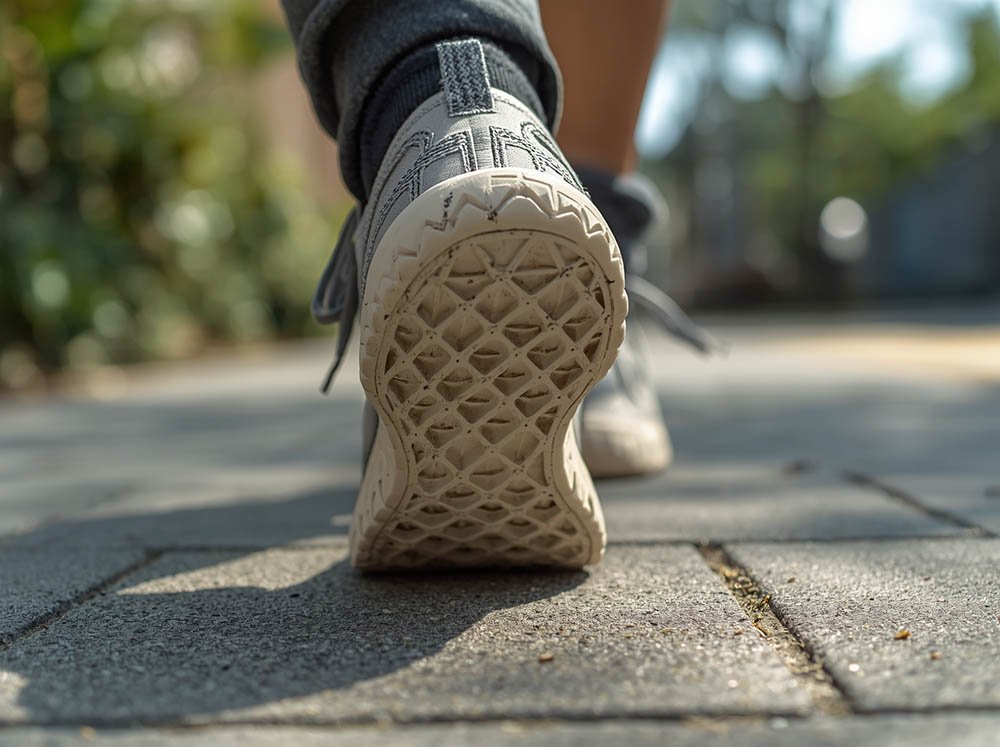 Close-up of 3D printed shoes in real-world outdoor use showing lattice midsole while walking