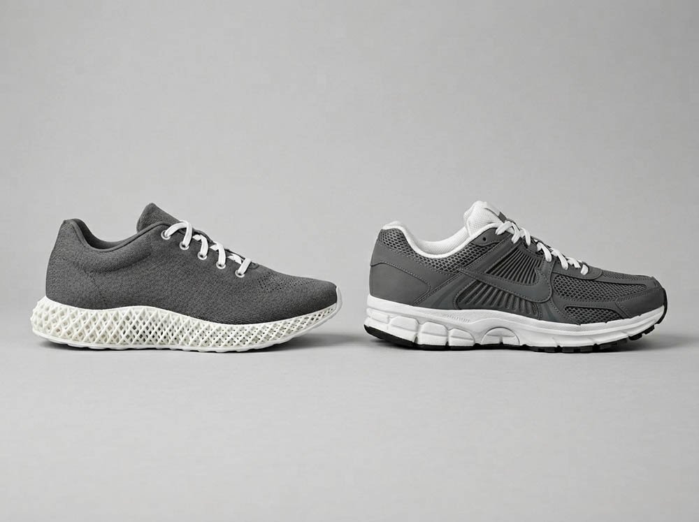 3D printed lattice shoe next to mesh sneaker comparing breathable shoe designs