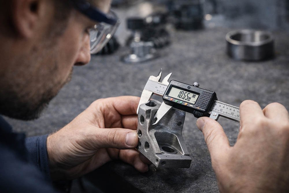 engineer measuring 3d printed metal part using caliper for quality inspection