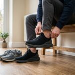 Person putting on 3D printed shoes with lattice midsoles next to regular sneakers in a real home setting