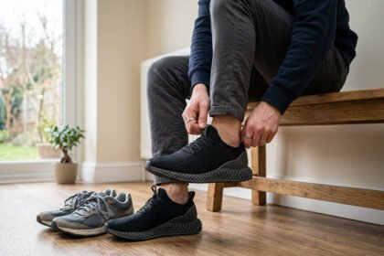 Person putting on 3D printed shoes with lattice midsoles next to regular sneakers in a real home setting